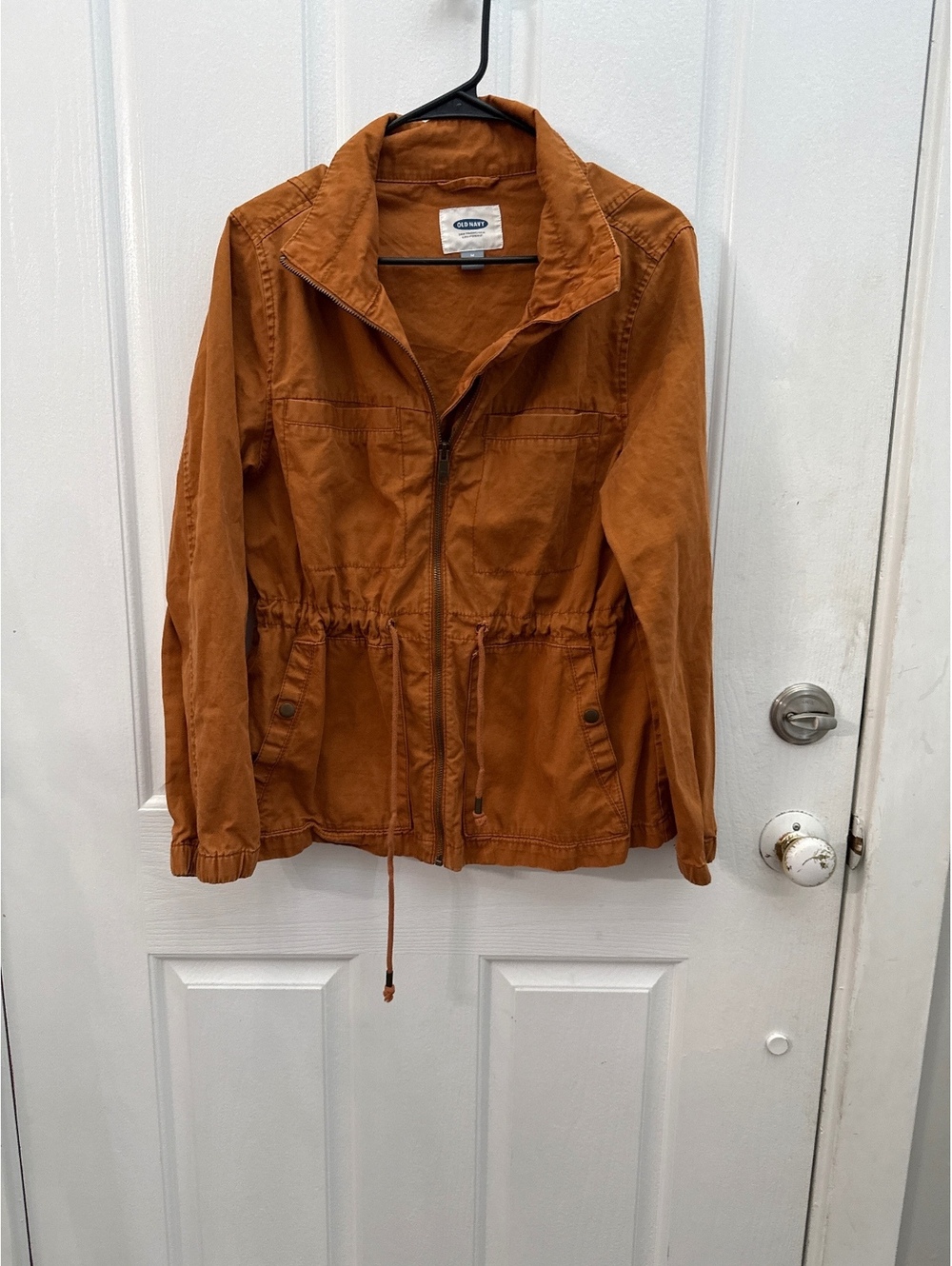Old Navy Women's Rust Orange Medium Jacket with Zipper, Drawstring Waist, and Sn